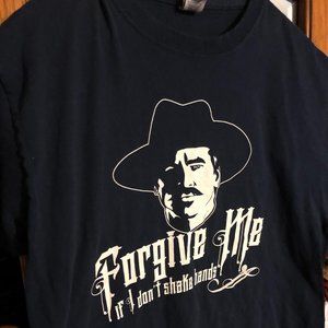 Navy Graphic Tee: Forgive Me / I Don't Shake Hands